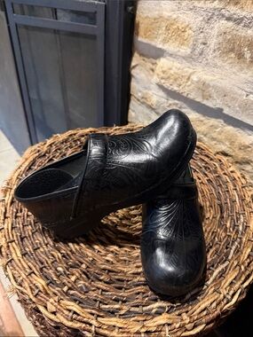Dansko Black Embossed Leather Slip-On Clog